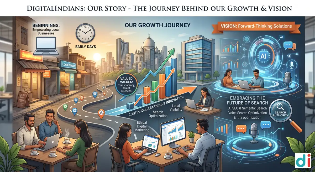 DigitalIndians Our Story showcasing company journey, mission, vision, SEO expertise, AI SEO innovation, and digital marketing growth